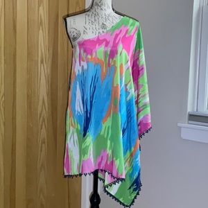 NWOT Mud Pie Bag Lady Poncho Style Colorful One Shoulder top. Beach to Bar S